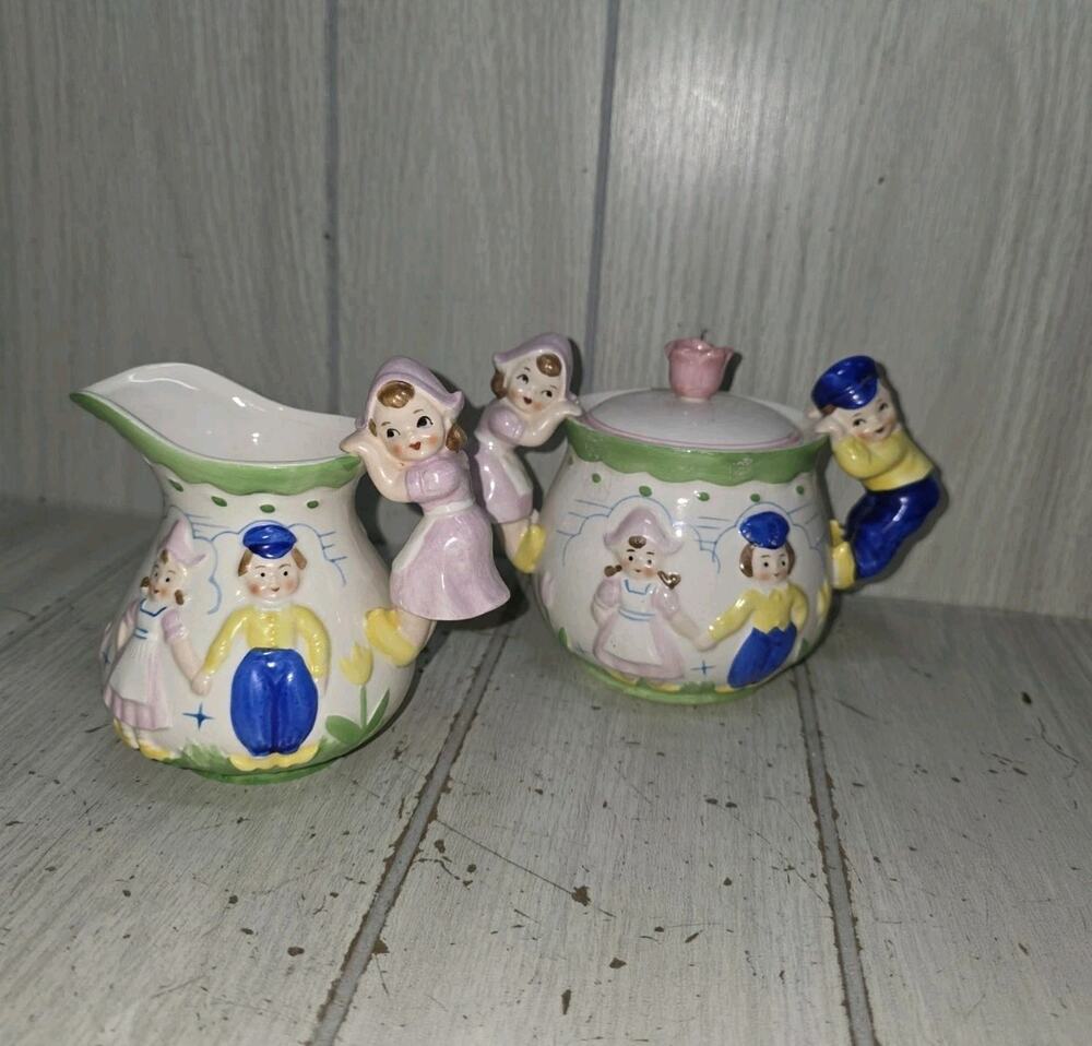 Vtg Green Trim Dutch Holland Windmill Boy & Girl Creamer and Sugar Set Kitschy